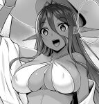  1girl :d antenna_hair arm_up bangs bikini breasts cleavage covered_nipples greyscale hair_between_eyes hat large_breasts looking_at_viewer monochrome nakano_sora open_mouth original pointy_ears slit_pupils smile solo sun_hat swimsuit upper_body 