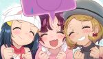  3girls :d bangs beanie blonde_hair blush chloe_(pokemon) clenched_hands closed_eyes closed_mouth commentary_request dawn_(pokemon) eyelashes grey_headwear grey_sweater_vest grin h_renah hands_up hat multiple_girls open_mouth pink_scarf pokemon pokemon_(anime) pokemon_journeys rotom rotom_phone scarf serena_(pokemon) smile sweat sweater_vest teeth white_headwear 