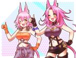  &gt;_o 2girls ;d animal_ear_fluff animal_ears bandeau bangs bare_shoulders black_skirt blush boots breasts brown_gloves cat_day cat_ears cat_girl cat_tail cleavage clothes_around_waist collarbone commentary_request covered_collarbone cowboy_shot duel_monster fang fingerless_gloves gloves grey_jumpsuit hair_between_eyes hand_on_hip highres jumpsuit jumpsuit_around_waist kitt_(yu-gi-oh!) large_breasts long_hair looking_at_viewer medium_breasts midriff miniskirt multiple_girls navel one_eye_closed open_mouth orange_bandeau orange_gloves p-b-c_(dark_matter_kakine) pencil_skirt pink_hair purple_bandeau short_hair siblings sidelocks sisters skin_fang skirt smile standing tail thigh_boots thumbs_up tri-brigade_ferrijit_the_barren_blossom tri-brigade_kitt white_background yellow_eyes yu-gi-oh! 