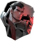  1boy armor black_hair closed_mouth darius_(league_of_legends) dopey_(dopq) highres league_of_legends looking_at_viewer male_focus pauldrons scar scar_across_eye scar_on_face short_hair shoulder_armor simple_background solo spiked_pauldrons upper_body white_background 
