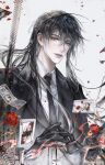  1boy absurdres bai_liu black_gloves black_hair black_neckerchief black_suit card chuwanning78941 dropping fire floating formal gloves highres i_became_a_god_in_a_horror_game jacket long_hair long_sleeves looking_at_viewer male_focus money neckerchief shirt suit suit_jacket white_shirt 