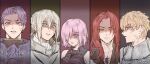  1girl 4boys angry armor bedivere_(fate) blonde_hair blue_eyes column_lineup commentary crosshatching english_commentary fate/grand_order fate_(series) frown gawain_(fate) green_eyes grey_hair hair_over_one_eye hair_tubes hatching_(texture) highres knights_of_the_round_table_(fate) kulissara-aung lancelot_(fate/grand_order) long_hair mash_kyrielight medium_hair multiple_boys pink_eyes pink_hair purple_eyes purple_hair red_hair shaded_face tristan_(fate) twitter_username yellow_eyes 