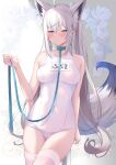  1girl animal_ears bangs bare_shoulders blue_eyes blush braid breasts collar covered_navel fox_ears fox_tail highres hololive leash long_hair one-piece_swimsuit school_swimsuit shirakami_fubuki solo swimsuit tail thighhighs virtual_youtuber white_hair white_one-piece_swimsuit white_thighhighs yoshiheihe 