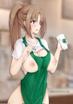  1girl apron bangs barista blurry blurry_background blush breasts cafe coffee_cup cup disposable_cup green_apron gs_(onsen_syndicate) highres holding holding_cup holding_marker iced_latte_with_breast_milk_(meme) large_breasts light_brown_hair long_hair marker meme naked_apron nipples open_mouth original ponytail purple_eyes solo 