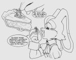  2022 anthro black_and_white blush buckteeth cravat dialogue emmacat64 english_text extreme_size_difference female female_pred holding_character imminent_vore lagomorph leporid male male/female male_prey mammal mature_female micro monochrome mouse murid murine pie_(food) rabbit rodent sega size_difference sonic_the_hedgehog_(series) sorrel_(muhny) teasing teeth text vanilla_the_rabbit 