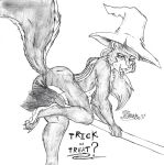  2017 anthro brianna_jackson broom butt claws cleaning_tool clothing convenient_censorship ear_piercing ear_ring fangs female fur hair halloween hat hat_only headgear headgear_only headwear headwear_only hi_res holding_broom holding_cleaning_tool holding_object holidays looking_at_viewer mammal marcushunter mephitid mostly_nude nude one_leg_up open_mouth paws piercing pose raised_leg raised_tail ring_piercing signature skunk solo tail teeth text toe_claws tongue tongue_out witch_hat 