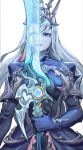  blue_eyes breasts center_opening cleavage crown different_reflection dragon final_fantasy final_fantasy_xiv grey_hair holding holding_sword holding_weapon joker.z long_hair official_alternate_costume pale_skin reflection ryne serious shiva_(final_fantasy) sword tiara very_long_hair weapon 