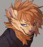  2023 anthro black_clothing black_shirt black_topwear blue_eyes bust_portrait cheek_tuft clothing digital_drawing_(artwork) digital_media_(artwork) facial_tuft felid fur grey_background grin hair happy hi_res li0kami lion male mammal mane matt_(scratch21) narrowed_eyes orange_hair orange_mane pantherine portrait scratch21 shirt simple_background smile solo topwear tuft yellow_body yellow_fur 