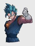  1boy blue_eyes blue_hair clenched_hand dougi dragon_ball dragon_ball_super earrings gloves jewelry kemachiku male_focus potara_earrings sash simple_background solo super_saiyan super_saiyan_blue upper_body vegetto white_gloves 