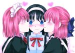  3girls black_hair blue_eyes blush bow commentary frown hair_bow hairband heart hisui_(tsukihime) kiss kissing_cheek kohaku_(tsukihime) lo_lis maid maid_headdress medium_hair multiple_girls pink_hair siblings signature sisters smile tohno_akiha tsukihime twins white_hairband 