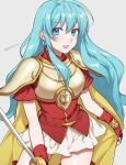  1girl :d armor blue_eyes blue_hair breastplate commentary cowboy_shot earrings eirika_(fire_emblem) fire_emblem fire_emblem:_the_sacred_stones grey_background hair_between_eyes highres holding holding_sword holding_weapon jewelry long_hair looking_at_viewer miniskirt open_mouth pauldrons peach11_01 red_shirt shirt short_sleeves shoulder_armor simple_background skirt smile solo standing sword very_long_hair weapon white_skirt 