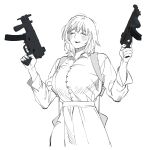  1girl ^_^ bangs blush breasts closed_eyes collared_shirt cowboy_shot dungeon_meshi facing_viewer falin_thorden finger_on_trigger greyscale gun hands_up holding holding_gun holding_weapon holster korean_commentary large_breasts long_sleeves monochrome pleated_skirt shirt short_hair shoulder_holster simple_background sketch skirt smile solo wawa_(wawawa0080) weapon 