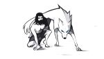  artist_name beard biped blue_eyes clothed clothing duo ears_back facial_hair feral hair human kneeling long_hair male mammal narrowed_eyes pivoted_ears quadruped simple_background spot_color topless unknowhiter 