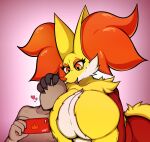  &lt;3 anthro beauty_mark big_breasts breasts claws delphox duo eyelashes faceless_character faceless_male female generation_6_pokemon hi_res huge_breasts humanoid inner_ear_fluff mahoxy male mature_anthro mature_female nintendo open_mouth phone pokemon pokemon_(species) red_eyes scratches simple_background slightly_chubby smile tuft 