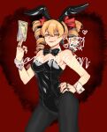  1girl alternate_costume animal_ears bangs bare_shoulders between_fingers black_bow black_bowtie black_leotard bow bowtie breasts brooch cleavage contrapposto covered_navel detached_collar drill_hair fake_animal_ears fingernails hair_between_eyes hand_on_hip highres holding holding_money jewelry kimon_102 leotard lips medium_breasts money orange_eyes orange_hair pantyhose playboy_bunny rabbit_ears red_background simple_background solo strapless strapless_leotard touhou twin_drills v-shaped_eyebrows wrist_cuffs yorigami_jo&#039;on 