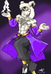  2023 abs absurd_res anthro asriel_dreemurr asriel_dreemurr_(god_form) black_bottomwear black_clothing black_pants bottomwear bovid cape caprine clothed clothing collar digital_media_(artwork) fellowthewulf fire fur goat gold_band gold_belt hair hi_res horn jojo_pose legwear long_ears looking_at_viewer male mammal metal_collar muscular muscular_anthro muscular_male open_mouth pants purple_cape shirtless_sleeves signature simple_background smile solo tattered_cape tattoo undertale undertale_(series) white_body white_fur 