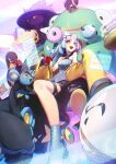  1girl bare_shoulders black_shorts blue_hair blush boots breasts chromatic_aberration electrode_(pokemon) eva_mashiro film_grain grey_footwear grey_leotard highres holographic_interface indoors iono_(pokemon) jacket leotard long_hair looking_at_viewer luxio luxray multicolored_eyes multicolored_hair off_shoulder official_art open_mouth pink_hair pokemon pokemon_(game) pokemon_sv rotom sharp_teeth shorts sitting small_breasts smile solo teeth thigh_strap two-tone_hair yellow_jacket 