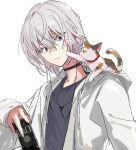  1boy accelerator_(toaru_majutsu_no_index) albino ambiguous_gender androgynous animal_on_shoulder anninn_do_fu arm_at_side bangs black_choker black_shirt calico can canned_coffee cat cat_on_person cat_on_shoulder choker coffee electrodes fingernails hair_between_eyes hand_up highres holding holding_can hood hood_down jacket kitten looking_at_another messy_hair open_mouth pale_skin red_eyes sanpaku shirt short_hair sidelocks sketch solo solo_focus sphynx_(cat) surprised toaru_majutsu_no_index upper_body white_background white_hair white_jacket 