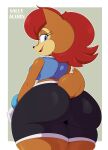  absurd_res anthro archie_comics big_breasts big_butt bigdon1992 blue_eyes breasts brown_body brown_fur butt chipmunk clothed clothing female fur ground_squirrel hair hi_res looking_back mammal red_hair rodent sally_acorn sciurid sega side_boob simple_background solo sonic_the_hedgehog_(archie) sonic_the_hedgehog_(comics) sonic_the_hedgehog_(series) tight_clothing 