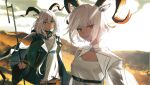  2girls animal_ears arknights beeswax_(arknights) belt black_belt black_coat breasts carnelian_(arknights) chinese_commentary cleavage coat commentary_request curled_horns desert dress goat_ears goat_horns hair_between_eyes highres holding holding_staff horns infection_monitor_(arknights) jacket long_sleeves looking_at_viewer medium_hair multiple_girls open_clothes open_coat open_jacket outdoors parted_lips red_eyes sand shirt short_hair siblings sisters small_breasts smile staff ting_(machi_nakahara) white_dress white_hair white_jacket white_shirt yellow_eyes 