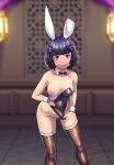  1girl absurdres alternate_costume animal_ears black_hair bob_cut breasts child clothes_pull finger_to_mouth fishnet_pantyhose fishnets highres leather leotard lin_lee_koo looking_at_viewer non-web_source open_clothes pantyhose playboy_bunny presenting pussy rabbit_ears short_hair small_breasts smile solo undressing wide_hips wrist_cuffs xenoblade_chronicles_(series) xenoblade_chronicles_x 