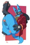  absurd_res anthro anus balls blue_body bottomless butt clothed clothing generation_4_pokemon genitals hand_on_butt hi_res humanoid_genitalia humanoid_penis looking_at_viewer lucario male negger nintendo penis pokemon pokemon_(species) red_eyes solo 