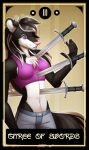  2018 anthro black_and_white_fur bottomwear brianna_jackson chest_tuft claws clothing ear_piercing ear_ring eurikagray female fur hair half-closed_eyes hi_res inner_ear_fluff mammal melee_weapon mephitid narrowed_eyes navel piercing pink_nose ring_piercing shirt shorts skunk solo standing sword sword_in_body tank_top text topwear tuft weapon 
