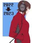  1girl 2022 2023 absurdres arrow_(symbol) bangs blue_background brown_eyes brown_hair casual closed_mouth commentary from_side girls_und_panzer hands_in_pockets headphones highres jacket long_sleeves looking_at_viewer nishizumi_maho oritako outside_border red_jacket short_hair smile solo upper_body 