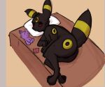  absurd_res anonymous_artist anthro bed butt condom eeveelution furniture generation_2_pokemon hi_res male nintendo plushie pokemon pokemon_(species) sexual_barrier_device shy solo umbreon 