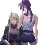  2girls arknights bare_shoulders belt black_jacket black_pants blue_hair blue_shorts ch&#039;en_(arknights) closed_mouth cowboy_shot dragon_girl dragon_horns from_behind green_hair green_nails hand_on_another&#039;s_hip highres horns hoshiguma_(arknights) jacket liiger long_hair looking_at_viewer multiple_girls multiple_scars pants profile scar scar_on_arm scar_on_face shirt shorts simple_background single_horn skin-covered_horns sleeveless sleeveless_shirt sleeves_past_elbows twintails white_background white_shirt yellow_eyes 