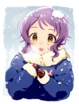  1girl anaroguya bangs blue_coat border breath brown_gloves coat commentary dot_nose fur-trimmed_collar fur-trimmed_sleeves fur_trim gloves grey_sky hands_up idolmaster idolmaster_million_live! light_blush looking_at_viewer makabe_mizuki open_mouth purple_hair short_hair sidelocks snow snow_on_head solo sparkle teeth tree upper_body upper_teeth_only wavy_hair white_border yellow_eyes 