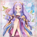  1girl blush chinese_clothes collarbone crossed_legs fate/grand_order fate_(series) flower hanfu highres holding holding_staff light_particles long_hair open_mouth pink_eyes purple_hair sitting solo staff takanashi_hiyori traditional_media twintails wu_zetian_(fate) 