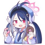  1girl aki_inu antenna_hair armband badge bangs blue_archive blue_hair blue_headwear blue_necktie blue_vest blush bow collared_shirt commentary_request cropped_torso doughnut food fubuki_(blue_archive) grey_hair hair_bow hair_ornament halo hat heart heart_hair_ornament holding holding_food jacket long_hair long_sleeves multicolored_hair necktie open_mouth parted_bangs red_eyes shirt simple_background smile solo streaked_hair teeth twintails upper_teeth_only vest white_background white_bow white_jacket white_shirt 