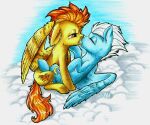  2015 blue_body blue_feathers blue_fur cloud cutie_mark duo equid equine eyes_closed feathered_wings feathers female female/female feral fleetfoot_(mlp) french_kissing friendship_is_magic fur hair hasbro kissing mammal my_little_pony orange_eyes orange_hair pegasus spitfire_(mlp) theorderofalisikus traditional_media_(artwork) white_hair wings wonderbolts_(mlp) yellow_body yellow_feathers yellow_fur 