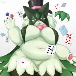  1:1 anthro belly big_breasts breasts card dice featureless_crotch felid feline female fur generation_9_pokemon green_body green_fur hair hi_res looking_at_viewer mammal meowscarada nintendo playing_card pokemon pokemon_(species) shibaemonxsk simple_background slightly_chubby slightly_chubby_anthro slightly_chubby_female smile solo suit_symbol white_background 