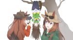  3girls alternate_costume animal_ears backpack bag black_pantyhose breasts brown_hair brown_headwear cellphone crossed_arms ears_through_headwear eyewear_on_headwear flying_sweatdrops green_eyes green_jacket hanging_from_tree highres holding holding_phone hood hooded_jacket horse_ears horse_girl horse_tail jacket long_hair long_sleeves maruzensky_(umamusume) mr._c.b._(umamusume) multiple_girls nazono77 open_mouth pantyhose phone purple_eyes red_jacket small_breasts smile snap-fit_buckle sunglasses symboli_rudolf_(umamusume) tail taking_picture tree umamusume white_footwear 