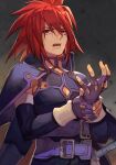  1boy belt blue_belt cape cleavage_cutout clothing_cutout gradient_background hungry_clicker kratos_aurion medium_hair open_mouth red_eyes red_hair solo sword tales_of_(series) tales_of_symphonia upper_body weapon 