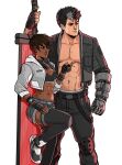  1boy 1girl abs alternate_universe belt_buckle berserk black_footwear black_hair black_pants black_sports_bra black_thighhighs bracelet breasts brown_lips buckle casca_(berserk) cigarette cleavage cleavage_cutout clothing_cutout commentary cropped_hoodie cyberpunk dark-skinned_female dark_skin dragonslayer_(sword) english_commentary fingerless_gloves gloves grey_hair grey_shorts guts_(berserk) height_difference heterochromia highres hood hoodie huge_weapon jacket jewelry knee_pads leather leather_jacket leg_up mechanical_arms medium_breasts muscular muscular_male navel navel_piercing no_shirt nose_piercing nose_ring open_clothes open_jacket pants pectorals piercing planted planted_sword red_eyes scar scar_across_eye shoes short_hair shorts single_mechanical_arm sleeves_pushed_up smoking sneakers spiked_bracelet spikes sports_bra sword thighhighs toned tropero watch weapon white_background wristwatch 