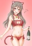  1girl animal_ears anti_(untea9) bangs bell blush bottle bra breasts brown_eyes cat_cutout cat_ears cat_tail cleavage clothing_cutout collarbone cowboy_shot grey_hair hair_between_eyes highres holding holding_bottle jingle_bell kantai_collection long_hair navel open_mouth panties pola_(kancolle) red_bra red_panties smile solo tail underwear 