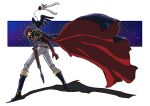  1970s_(style) 1boy bandages bird boots brown_hair cape commentary_request harlock harlock_saga highres matsumoto_leiji_(style) official_style pirate retro_artstyle scan science_fiction sketch space star_(sky) starry_background sword taiga_hiroyuki uchuu_kaizoku_captain_harlock uniform weapon 