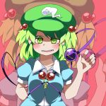  1girl arm_behind_back bangs black_nails blue_shirt blush collared_shirt commentary_request cosplay eyeball flat_cap green_hair green_headwear hat heart heart-shaped_pupils highres kawashiro_nitori kawashiro_nitori_(cosplay) komeiji_koishi kurodani_yamame looking_at_viewer medium_hair open_mouth pink_background puffy_short_sleeves puffy_sleeves rinyamame shirt short_sleeves smile solo symbol-shaped_pupils third_eye touhou upper_body zoom_layer 