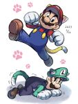  2boys animal_ears blue_overalls boots brothers brown_footwear cat_ears cat_tail facial_hair gloves green_headwear green_shirt hat highres jumping kneeling luigi mario mario_&amp;_luigi_rpg mario_&amp;_luigi_rpg_(style) mario_(series) multiple_boys mustache overalls paw_print red_headwear red_shirt shirt siblings simple_background tail white_background white_gloves ya_mari_6363 