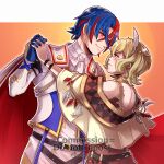  1boy 1girl alear_(fire_emblem) alear_(male)_(fire_emblem) bare_shoulders blue_eyes blue_gloves blue_hair blush brown_dress citrinne_(fire_emblem) dress fire_emblem fire_emblem_engage gloves gzei hair_between_eyes highres holding_hands looking_at_another multicolored_hair off-shoulder_dress off_shoulder red_hair shirt short_hair smile two-tone_hair upper_body white_shirt wing_hair_ornament 