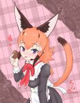  1girl animal_ears apron blue_eyes caracal_(kemono_friends) caracal_ears chocolate extra_ears heart highres kemono_friends kemono_friends_v_project long_hair looking_at_viewer maid maid_apron microphone nokemono-san_(bocchi_friend) orange_hair simple_background solo tail tongue valentine virtual_youtuber 