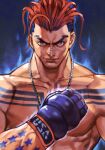  1boy arm_tattoo black_gloves brown_hair buzz_cut chest_tattoo fingerless_gloves gloves hair_slicked_back hungry_clicker jewelry looking_at_viewer luke_sullivan male_focus muscular muscular_male necklace parted_lips red_eyes shadow short_hair smile solo street_fighter street_fighter_v tattoo upper_body very_short_hair 