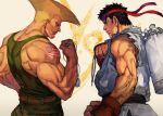  2boys american_flag_tattoo belt biceps black_hair blonde_hair cowboy_shot dougi fingerless_gloves flattop gloves green_tank_top guile headband holding hungry_clicker male_focus multiple_boys muscular muscular_male profile red_gloves red_headband ryu_(street_fighter) short_hair street_fighter tank_top 