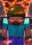  1boy absurdres aqua_shirt beard blue_pants brown_hair facial_hair feet_out_of_frame highres hungry_clicker male_focus minecraft pants red_eyes shirt short_sleeves solo sparks steve_(minecraft) 