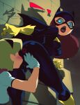  ! 2girls aetherion batgirl batman_(series) black_bodysuit black_hairband blonde_hair blue_eyes blush bodysuit breasts dc_comics domino_mask gloves hairband hand_on_another&#039;s_ass highres kiss lipstick_mark long_hair looking_back mask medium_breasts multiple_girls shirt short_sleeves supergirl superhero superman_(series) surprised white_gloves white_shirt yellow_gloves yuri 