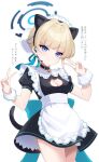  1girl alternate_costume animal_ears blonde_hair blue_archive blue_eyes breasts cat_day cat_ears cleavage cleavage_cutout clothing_cutout collar double_v fake_animal_ears fukemachi halo headgear highres medium_breasts simple_background solo toki_(blue_archive) translation_request v white_background 