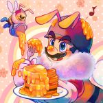  1boy bee bee_mario blue_eyes bug co_co_mg facial_hair food fork gloves holding holding_fork honey honeybee_(mario) licking_lips mario mario_(series) musical_note mustache pancake pancake_stack super_mario_galaxy tongue tongue_out white_gloves 